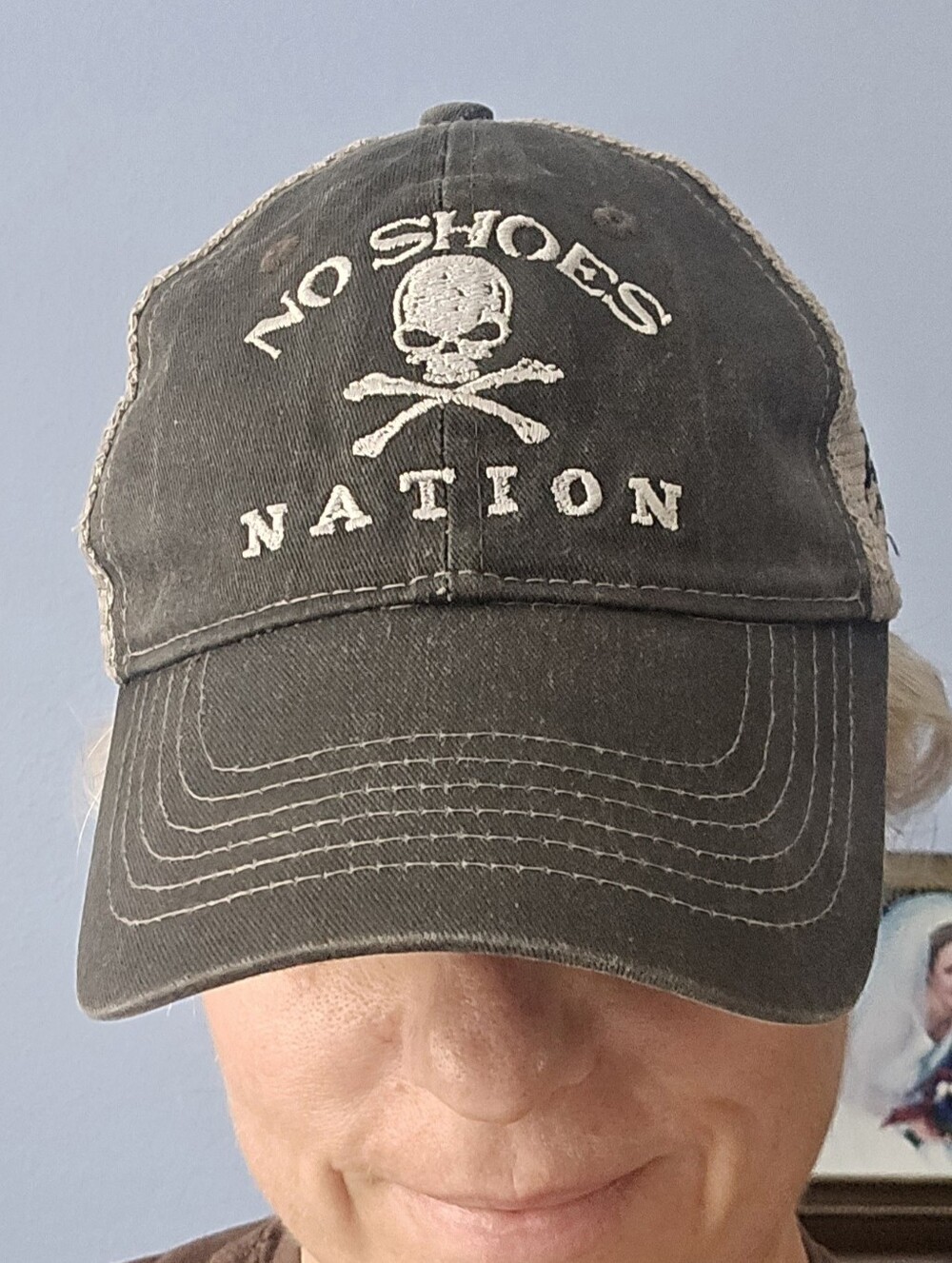 No Shoes Nation Skull Trucker Hat - Black with White Embroidery